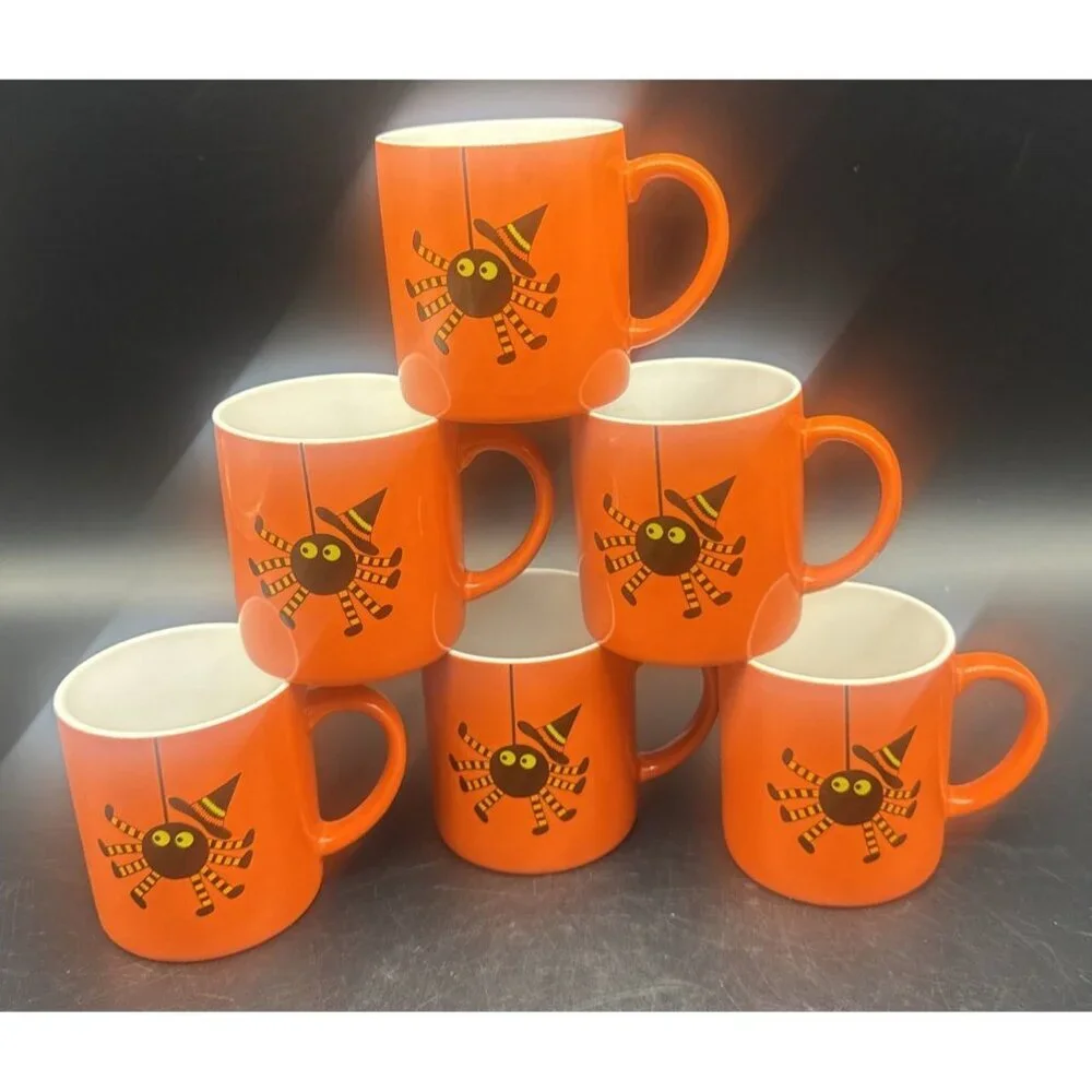 Crate & Barrel Orange Black Spider Ceramic Halloween Mugs 6oz Set Of 6